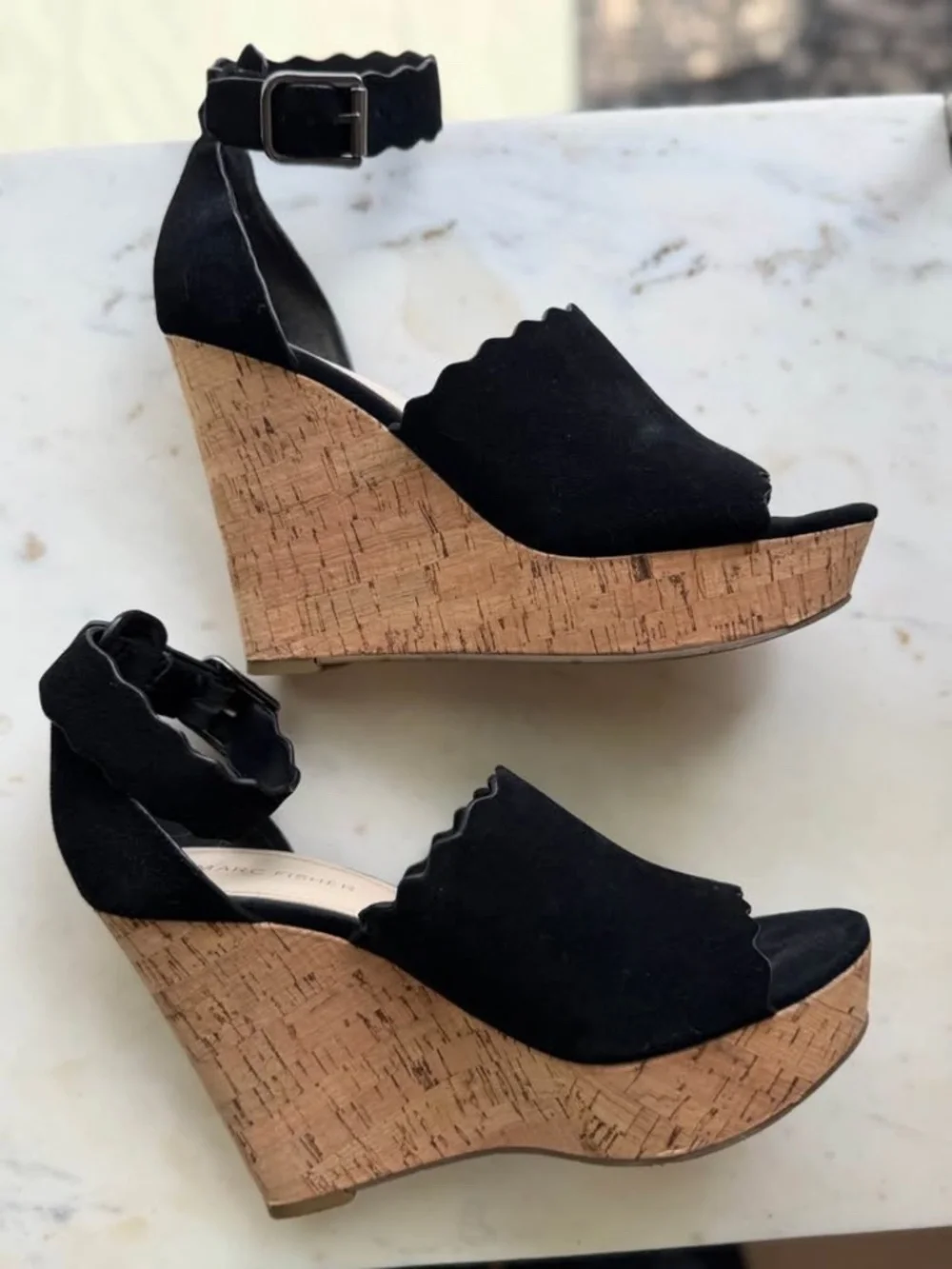 Marc Fisher 8 Platform Wedges Black Suede Cork Halo